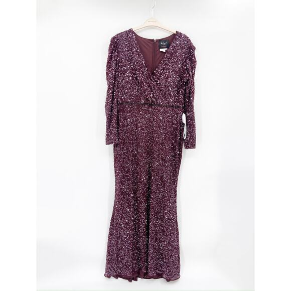 Mac Duggal Mahogany Long Sleeve Sequin V-Neck Trumpet Formal Gown Size 16 - Picture 3 of 7